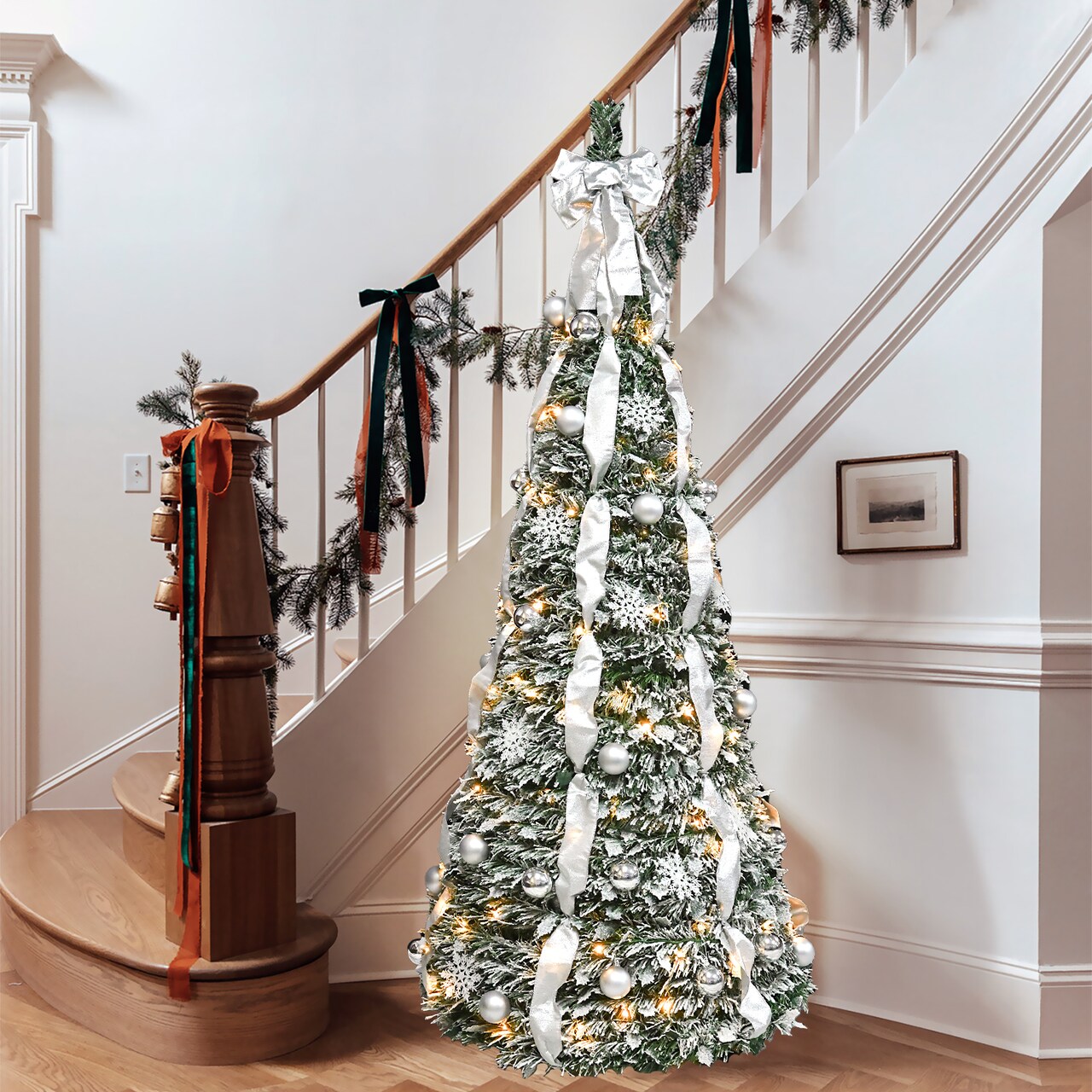 Enchanting 6FT Decorated Artificial Christmas Tree: Illuminated with Lights, Adorned with Snowflakes & Ornaments